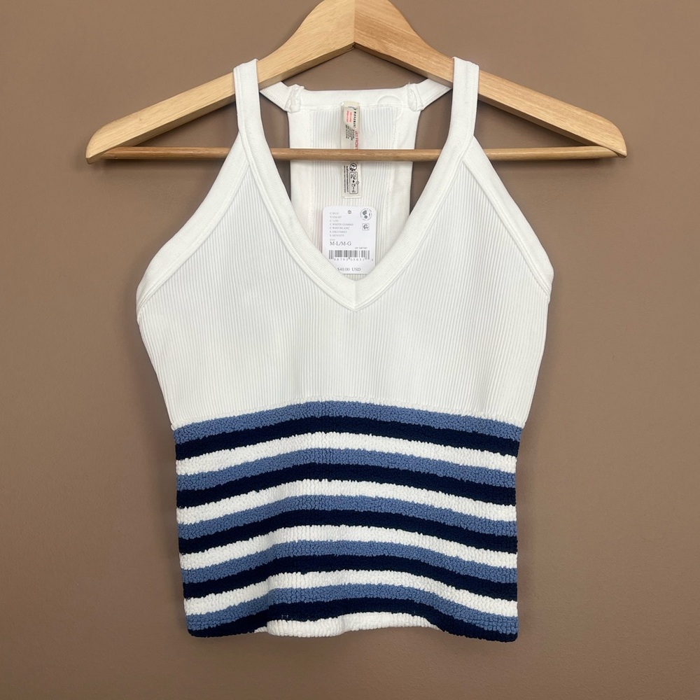 FP Movement by Free People White Ribbed Tank with Blue Stripes